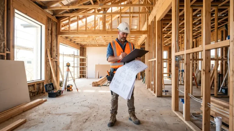 A building inspector reviewing construction blueprints on a job site with a hardhat and clipboard