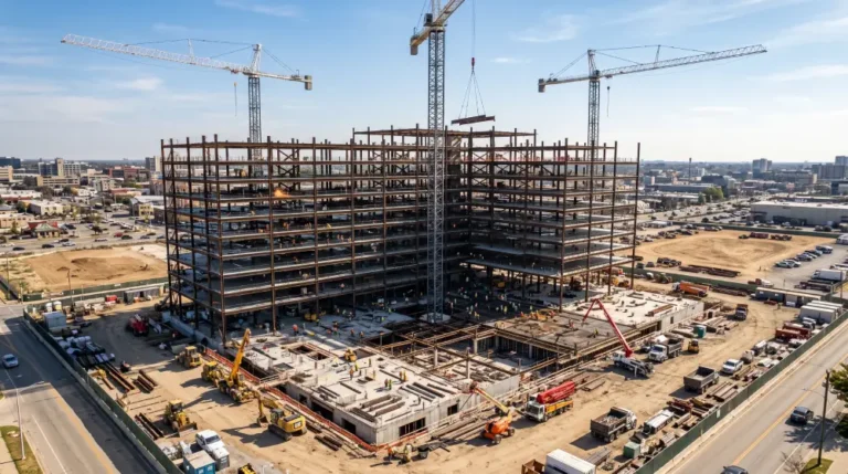 Aerial view of a large commercial building under construction with cranes, steel framework, and construction workers on a busy job site.
