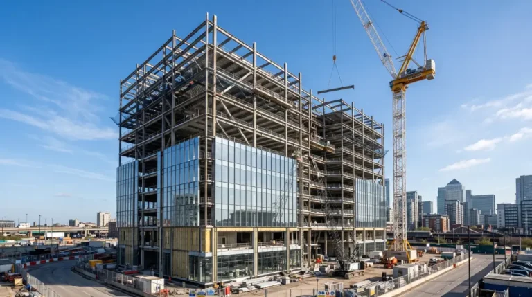 A modern commercial building under construction with a steel frame structure and crane silhouetted against a bright blue sky.