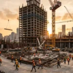 Construction project manager reviewing blueprints on a building site with cranes and workers in the background