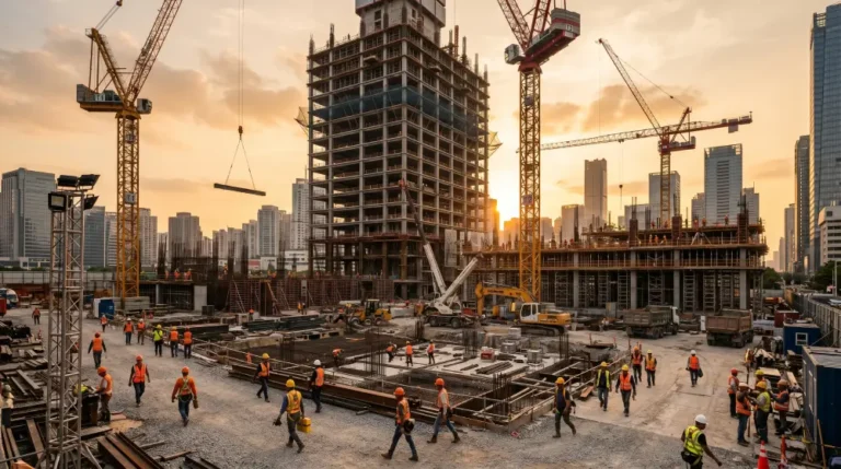 Construction project manager reviewing blueprints on a building site with cranes and workers in the background