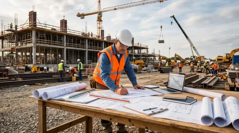 A construction project manager reviewing blueprints and planning documents spread across a table at an active construction site with buildings in the background.