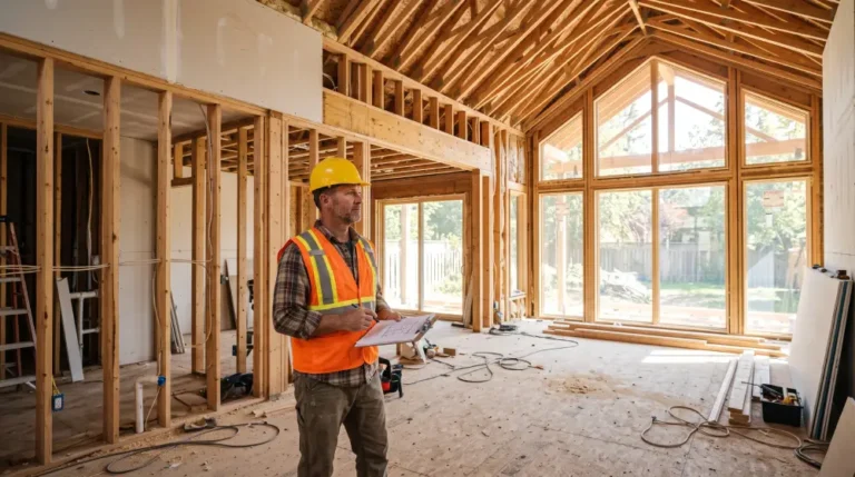 A professional general contractor reviewing blueprints at a residential construction site with tools in the background