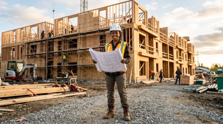 General Contractor Services professional reviewing construction plans on site