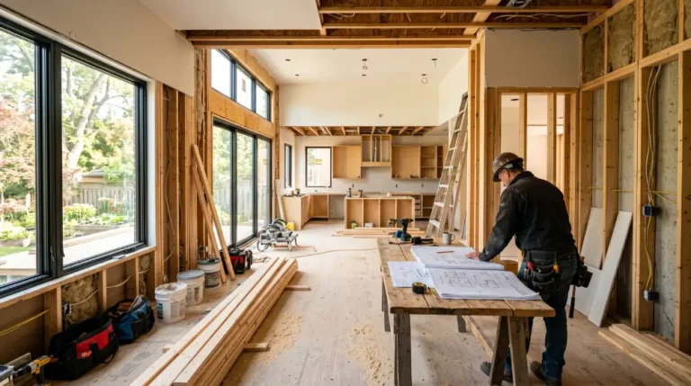 Professional home remodeling contractor reviewing renovation blueprints inside a modern kitchen under construction