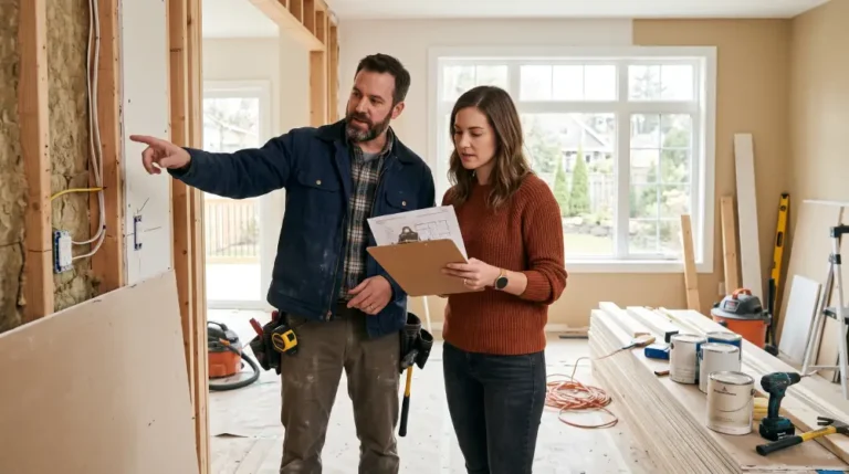 A homeowner reviewing a home renovation contractor checklist on a clipboard while standing in a partially renovated kitchen with a contractor nearby.