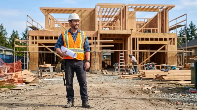 Licensed general contractor reviewing blueprints at a residential construction site