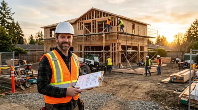 Licensed general contractor reviewing construction blueprints on an active job site