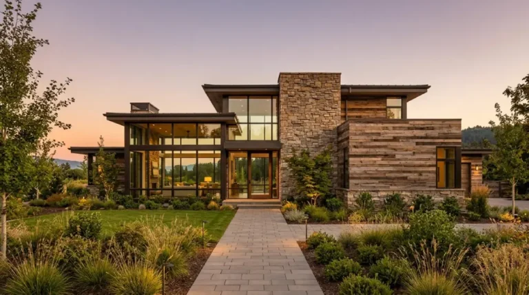 Modern custom home exterior with wood and stone facade during golden hour
