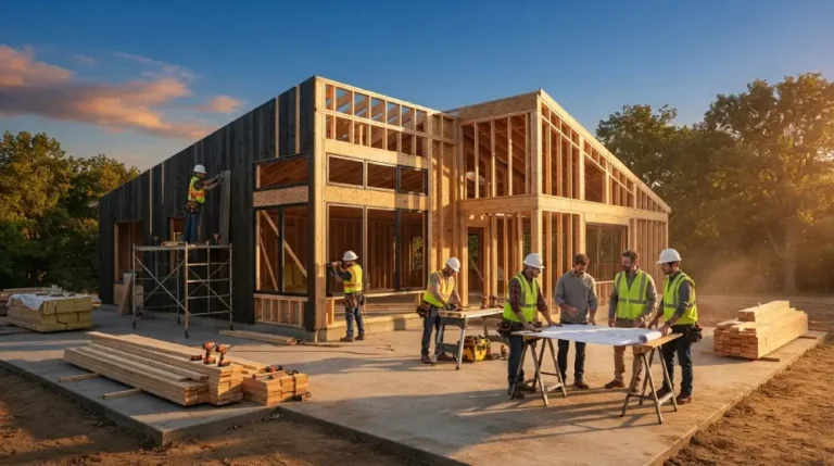 New home construction contractor overseeing house frame build during daytime