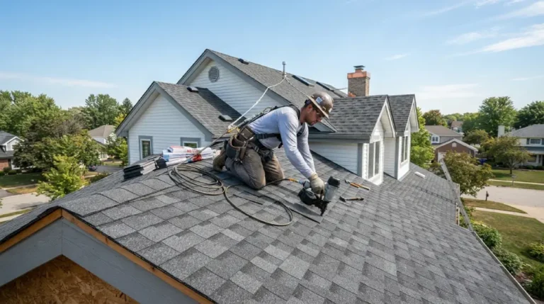 Professional roofing contractor installing new shingles on a residential home roof