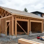 Modern garage construction showing wooden frame and roofing structure