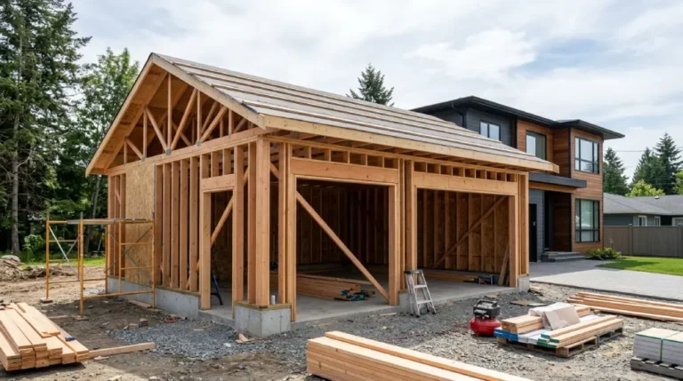 Modern garage construction showing wooden frame and roofing structure