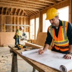 General contractor reviewing blueprints at a home renovation construction site