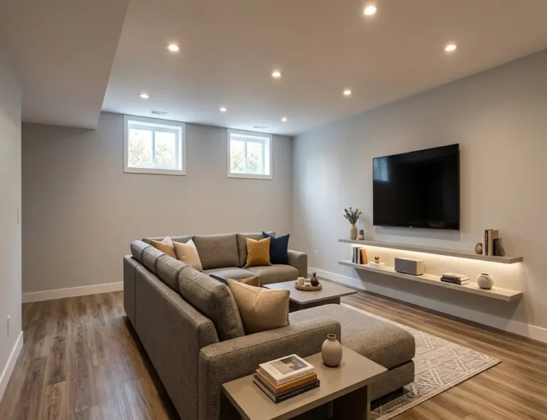 Newly remodeled modern basement living space with lighting and flooring