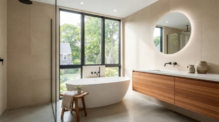 Modern renovated bathroom with freestanding tub and natural lighting