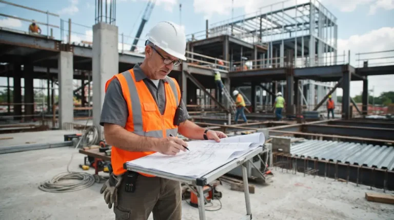 Commercial general contractor reviewing blueprints at a commercial construction site