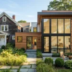 Modern home addition with large windows built onto a traditional house exterior