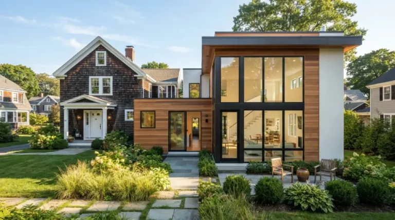 Modern home addition with large windows built onto a traditional house exterior