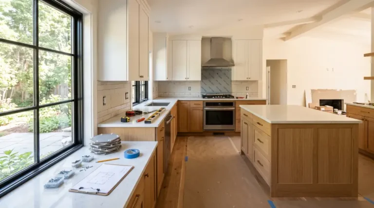 Modern kitchen renovation showing new cabinetry and natural lighting during a home remodeling project