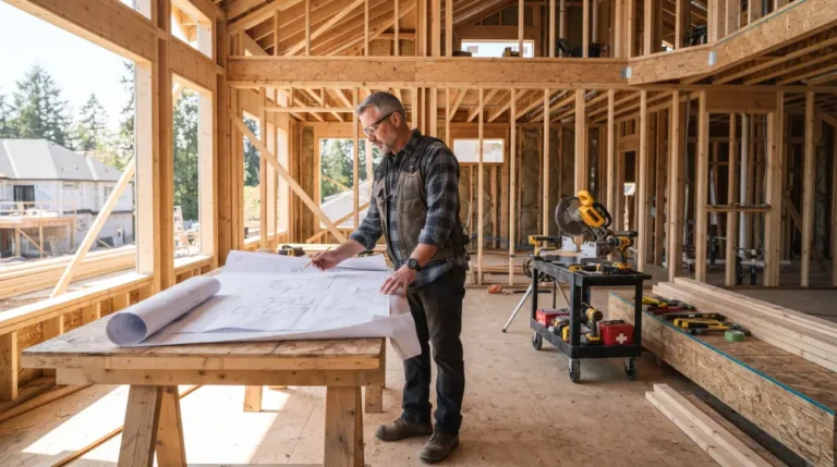 Residential general contractor reviewing blueprints inside a home under construction