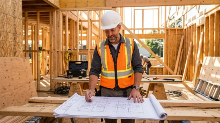 General contractor reviewing blueprints at a residential construction site