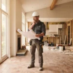 Contractor reviewing blueprints inside a renovated home