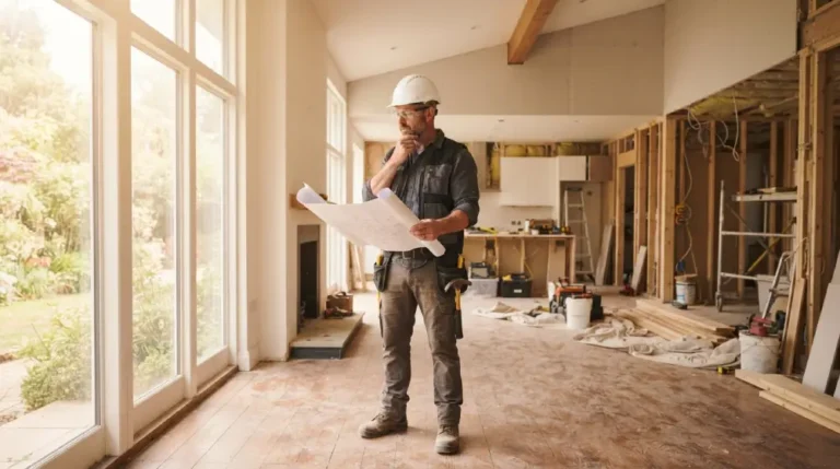 Contractor reviewing blueprints inside a renovated home