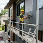 Siding installation contractor fitting new exterior panels on a residential home