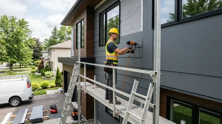 Siding installation contractor fitting new exterior panels on a residential home