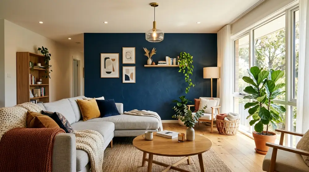 Modern living room with accent wall, cozy textiles, and warm natural lighting showing home improvement ideas