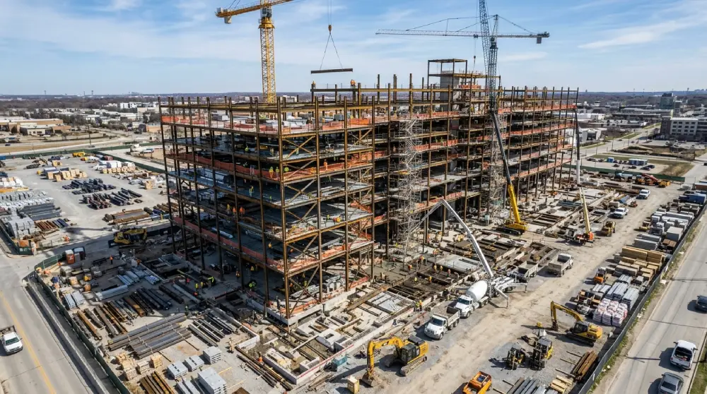 Overhead view of a construction site with workers, cranes, and building framework representing construction project planning