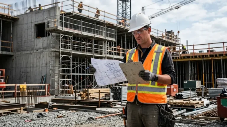 Contractor reviewing blueprints on a construction site while checking project details