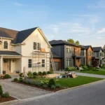 Renovated suburban home beside a row of modern investment properties at golden hour, illustrating real estate vs renovation ROI