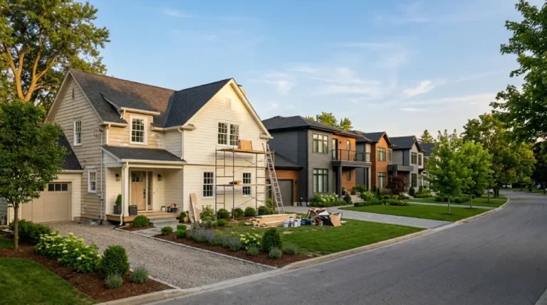 Renovated suburban home beside a row of modern investment properties at golden hour, illustrating real estate vs renovation ROI