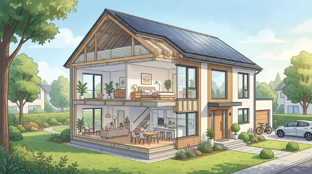 Modern energy efficient home with solar panels and insulated windows