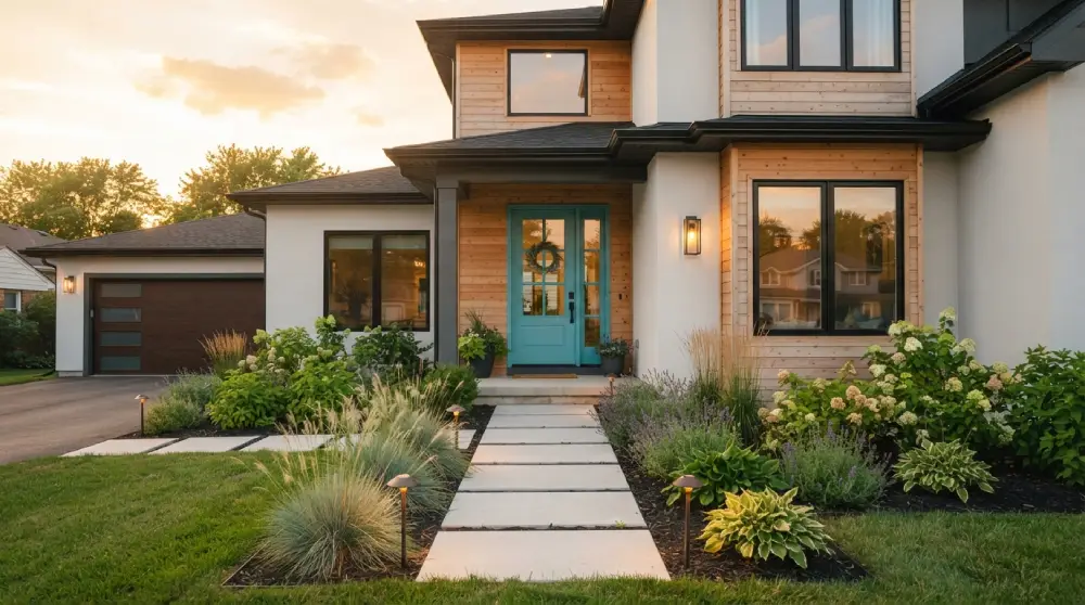 Modern home exterior with updated landscaping and a freshly painted front door representing home upgrade ideas that increase value