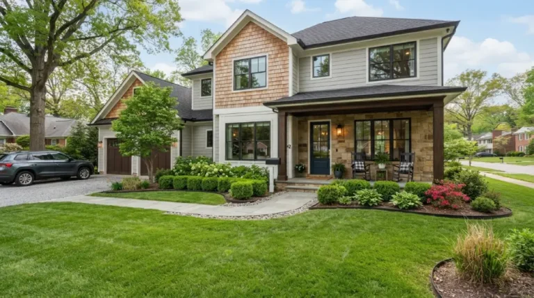 Well maintained suburban home exterior with tidy landscaping and a welcoming front porch