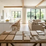 Renovated modern living room and kitchen showing oak flooring, quartz countertops, and material samples for home renovation