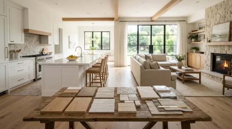 Renovated modern living room and kitchen showing oak flooring, quartz countertops, and material samples for home renovation