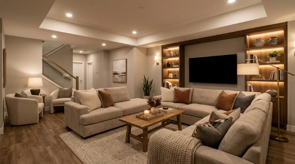 Finished basement living room with cozy seating, warm lighting, and modern interior design