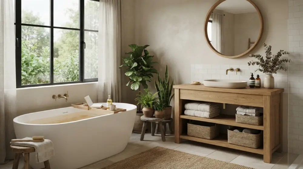 Modern spa inspired bathroom with freestanding tub, natural light, and minimalist decor